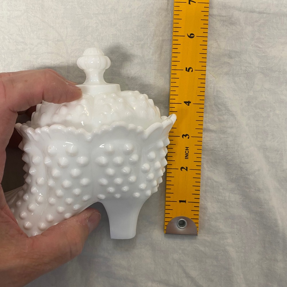 Vintage Fenton White Milk Glass Hobnail Shoe Slipper Covered Trinket Dish Candy - Picture 7 of 7